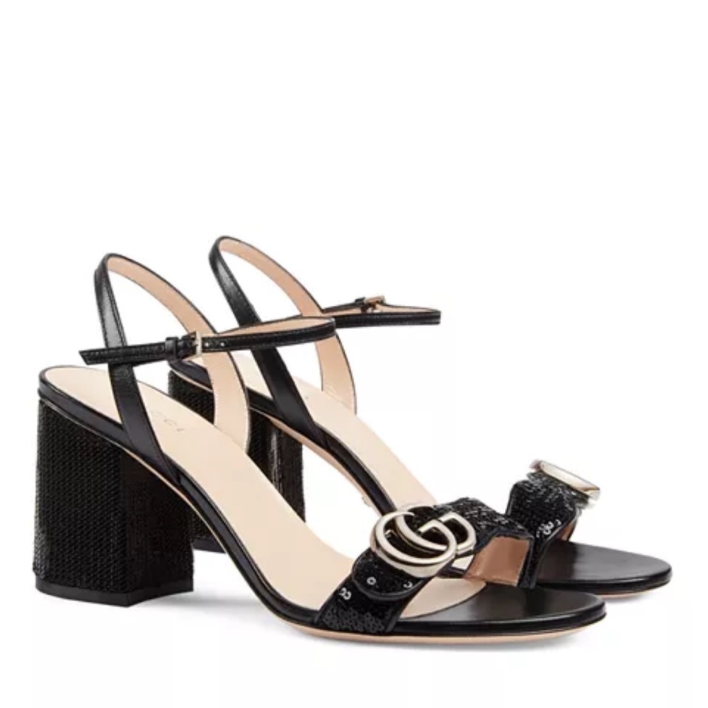 Gucci Black Sequin Block Heel Slingback Sandals with Gold Double G